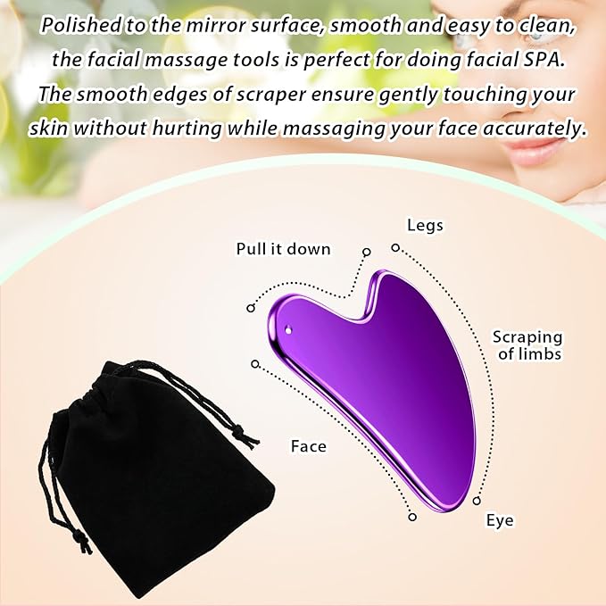 Nuanchu Stainless Steel Gua Sha Facial Tools Metal Guasha Tool for Face Body Jawline Shaper, Double Chin Reducer, Puffiness Reducing, Lymphatic Drainage Massager Skin Care Gift with Pouch(Purple)