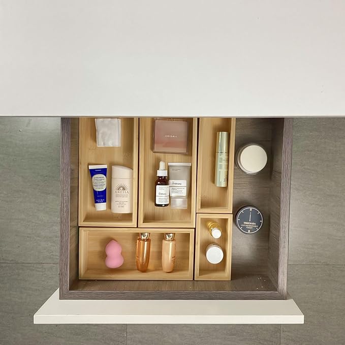 bamboo drawer organizer Set,expandable drawer dividers,wooden storage organizers,drawer organizers for kitchen, bathroom,flatware,Tea Bag Organizer (1 X 5PCS Natural)