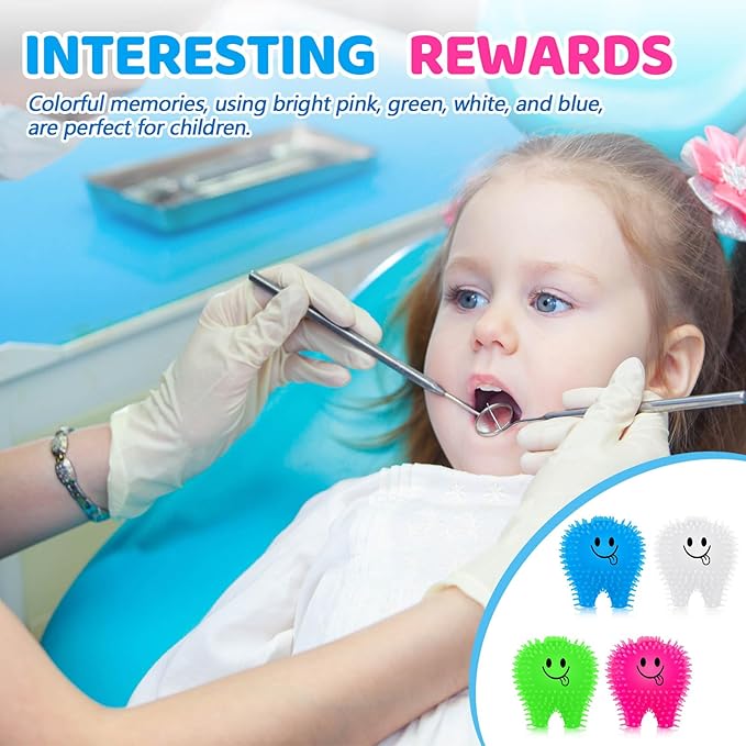 25 Pcs Mini Tooth Toys Fidget Stress Relief Puffer Squeezy Dental Dentist Toys Birthday Party Gifts School Office Prizes, 2 Inch (Multicolored)