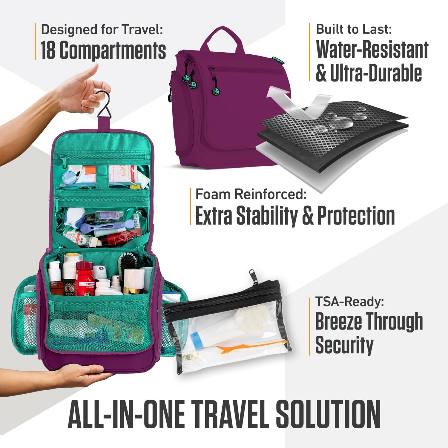 VENTURE 4TH Hanging Travel Toiletry Bag for Women & Men - Travel Organizer with Expandable Compartments & Removable Clear Pouch for Toiletries (Purple/Mint)