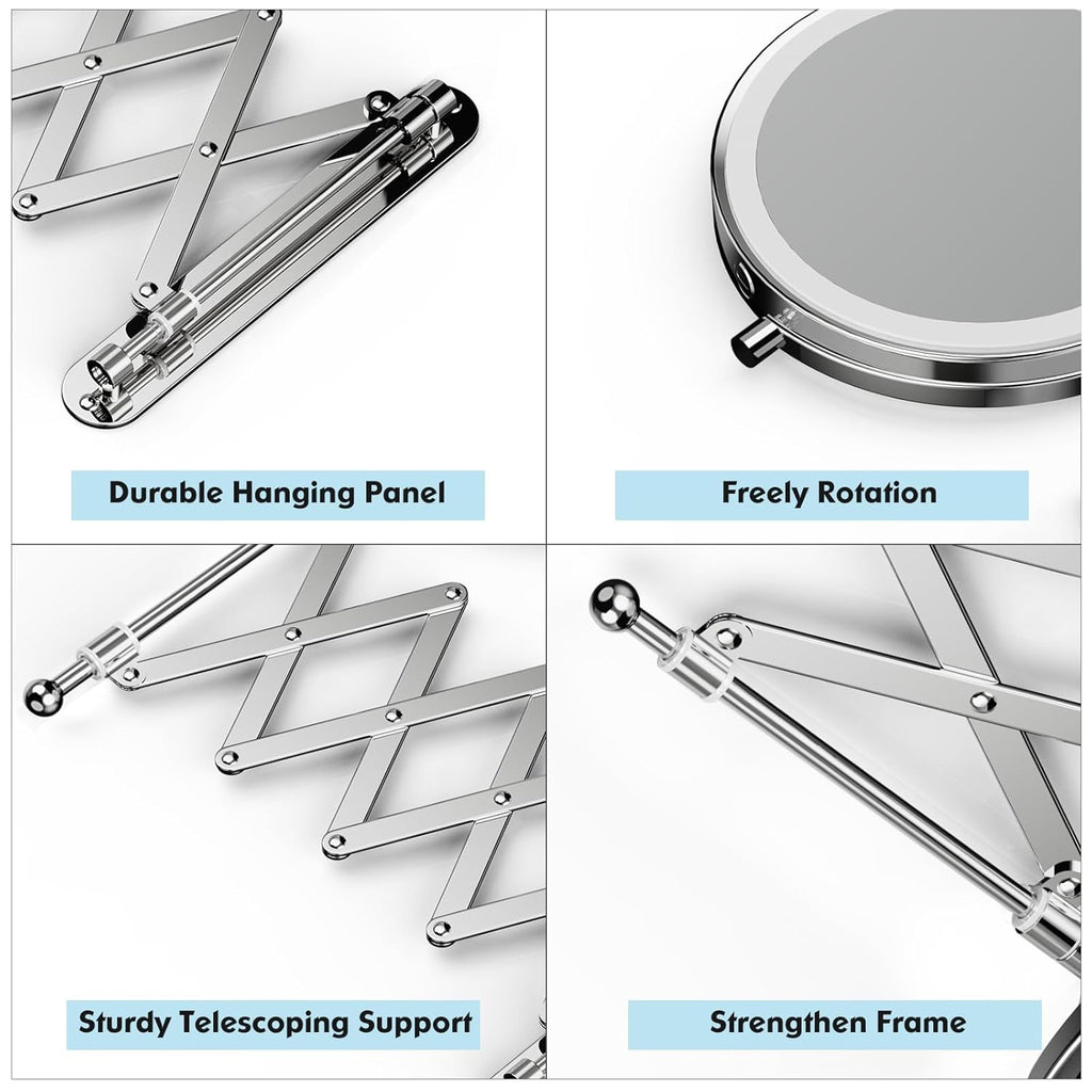 Rechargeable Wall Mounted Makeup Mirror - 8 Inch Double Sided 1X/30X Magnifying Mirror with 3 Color Lights Dimmable Touch Screen, 360°Swivel 19.6 Inch Extendable Accordion Bathroom Mirror - Chrome