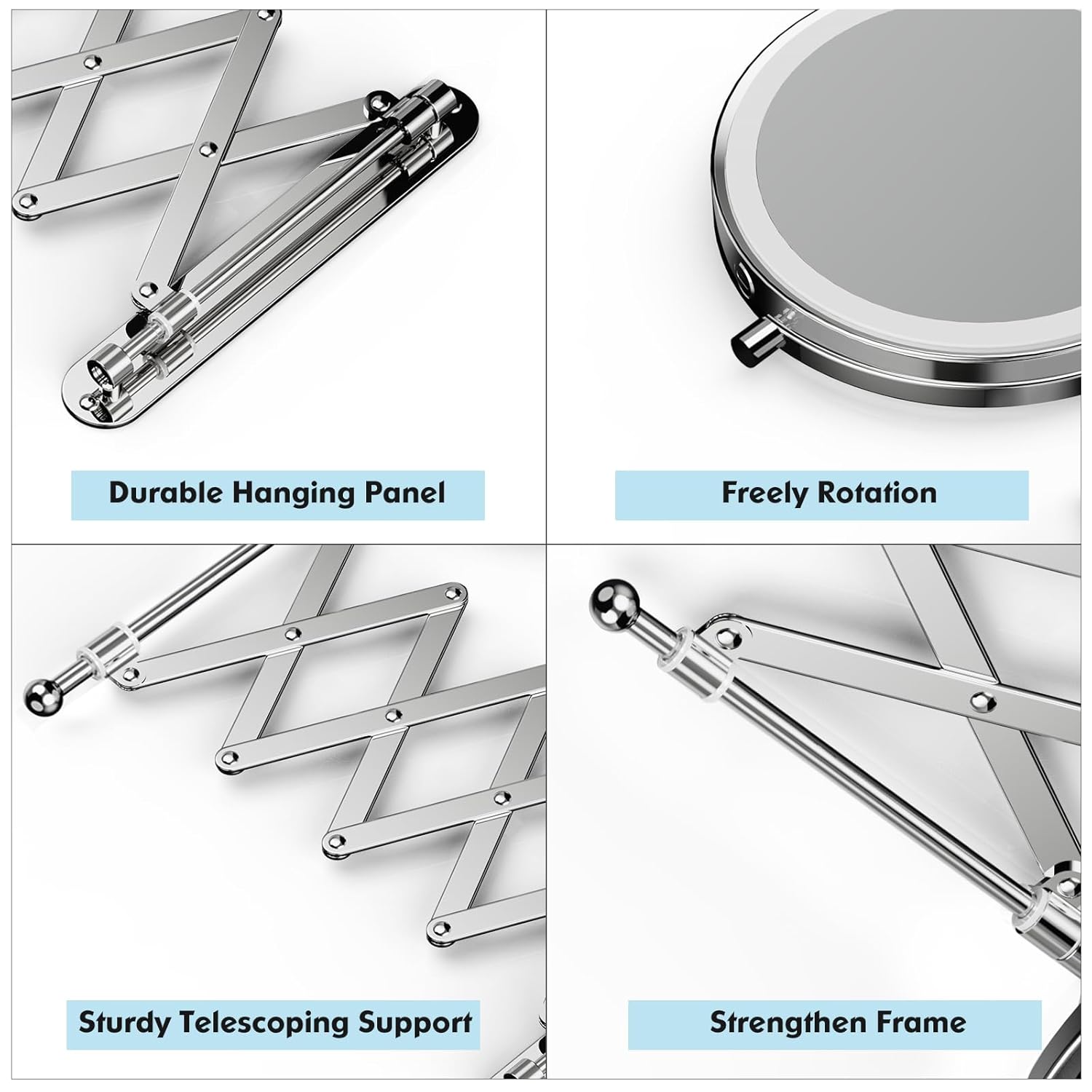 Rechargeable Wall Mounted Makeup Mirror - 8 Inch Double Sided 1X/30X Magnifying Mirror with 3 Color Lights Dimmable Touch Screen, 360°Swivel 19.6 Inch Extendable Accordion Bathroom Mirror - Chrome