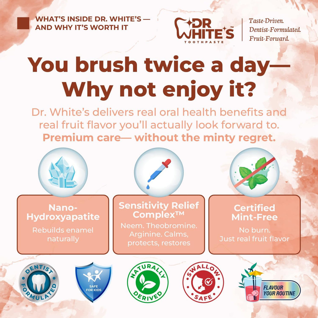 Dr. White’s Fluoride-Free nHA Toothpaste; Dentist-Formulated, Nano Hydroxyapatite + Xylitol, Sensitivity Relief Complex™, Mint-Free, Enamel Safe, Swallow-Safe (3.5 Oz, Sweet Peach)