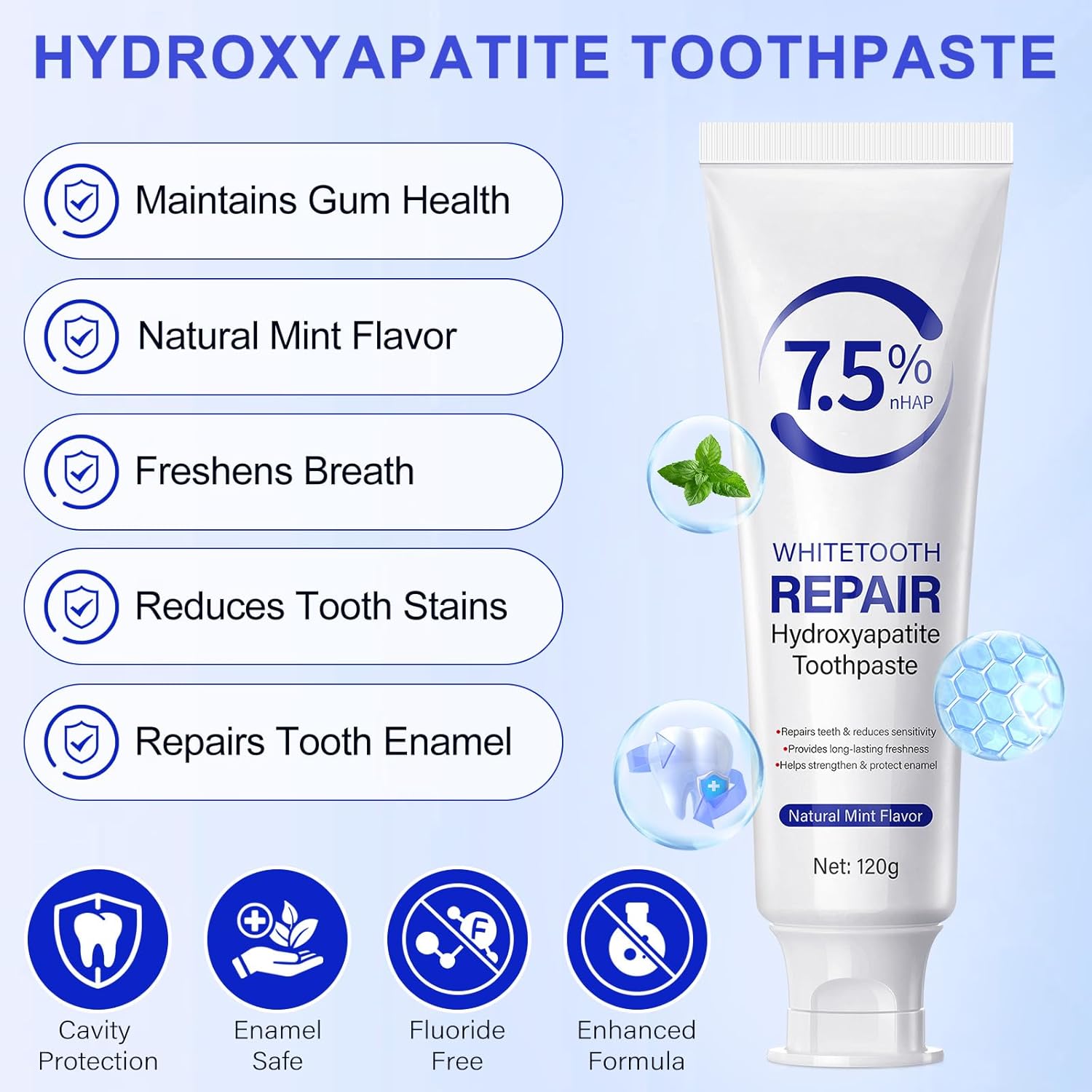 2Pcs Hydroxyapatite Toothpastes for Enamel Protection and Tooth Strengthening, with Gentle Mint, Provides Long-Lasting Fresh Breath, Daily Use for Oral Health, 4.23 OZ