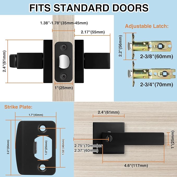 10 Pack Black Door Handle Interior Privacy Door Levers Set, Keyless Square Door Knob Lock for Bedroom or Bathroom, Heavy Duty Door Handles with Reversible Handle for Left Right Sided Doors