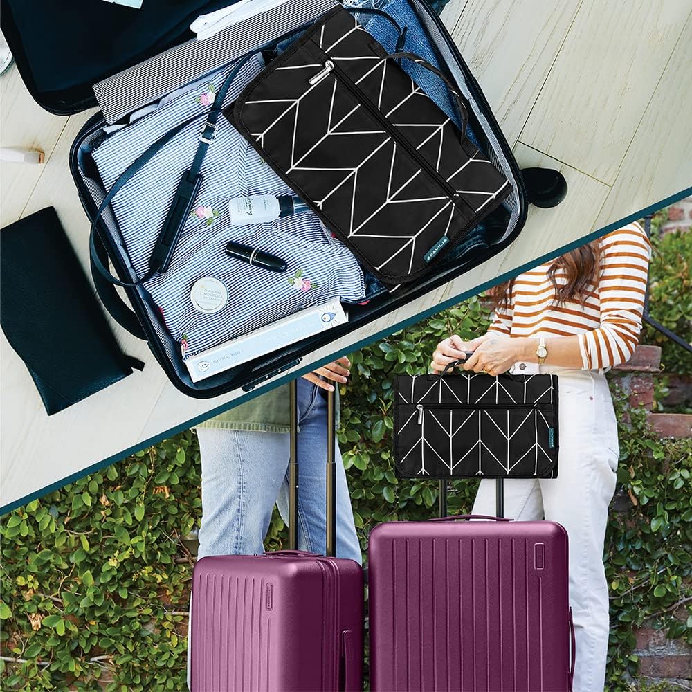 PAVILIA Hanging Toiletry Bag Women Men, Travel Kit Foldable Large Toiletries Organizer, Roll up Cosmetics Makeup Bag Accessories, Waterproof Essentials Jewelry Case (Black Chevron)