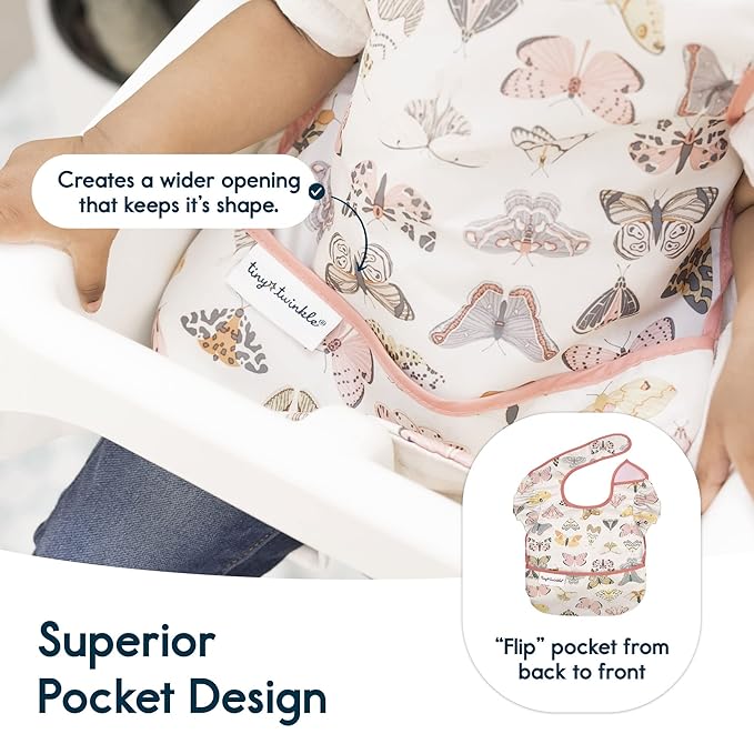 Tiny Twinkle Mess-Proof Baby Bibs for Eating | Waterproof, Wipeable Toddler Bibs with Catch-All Pocket | Feeding Bibs for Girls & Boys(3 Pack,Flutter Set)