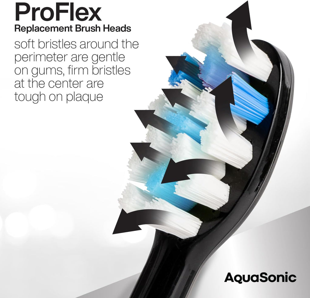 AquaSonic Proflex Replacement Brush Heads | ADA Accepted | for Whiter Teeth & Gum Care | Compatible with Many AquaSonic Toothbrush Handles (8 Pack Black)