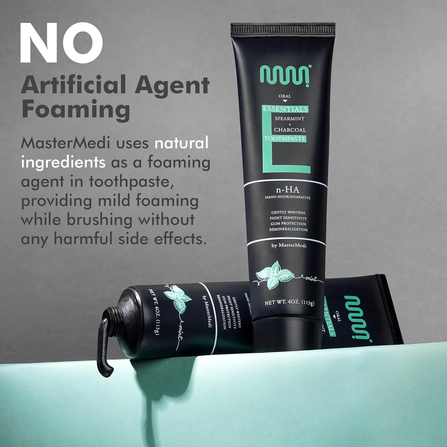 MasterMedi Nano Hydroxyapatite Toothpaste (Inspired by 10% nHA Formulas), Fluoride-Free, Charcoal Whitening, Sensitive Teeth Care, Enamel Support, SLS-Free, Xylitol, Citrus Mint, 4 Oz (Pack of 3)