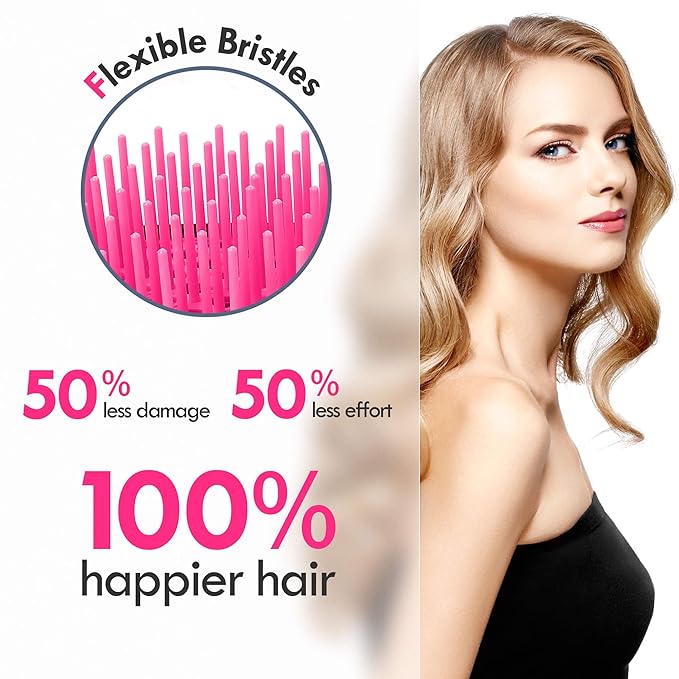 2 Pack Vented Detangling Hair Brush - Detangler Hairbrush with Soft Bristles for Effortless Tangle Free -Ideal for Natural Curly Straight Wet Dry Damaged Hair for Women Men Kids - Magenta