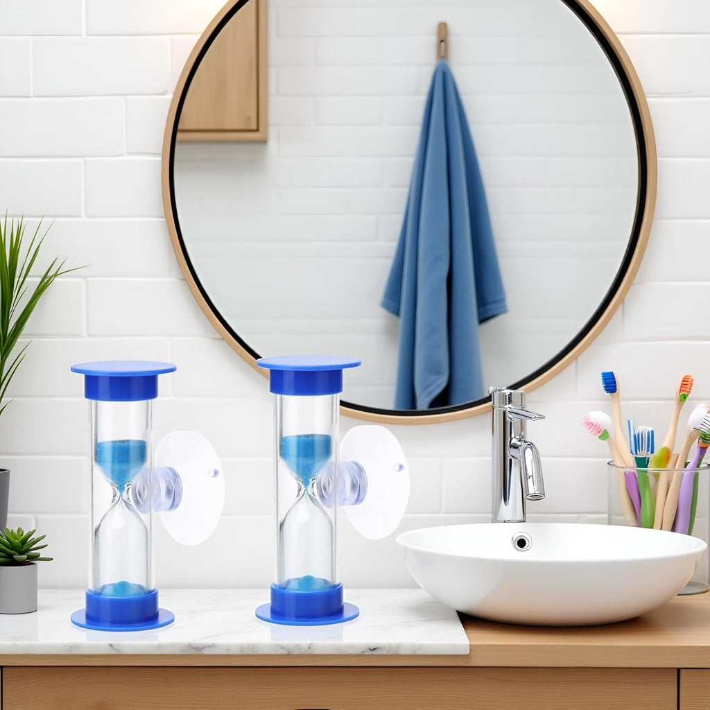 2Pcs Blue Toothbrush Timer for 2mins Sand Clock Timer 2 Minute Sand Timer, Plastic Suction Cup Hourglass Sandglass Desktop Ornament Party Favors