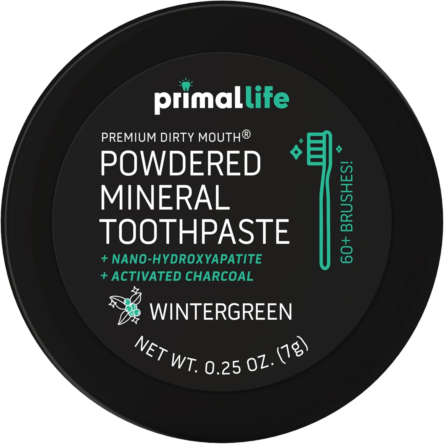Primal Life Organics - Dirty Mouth Toothpowder, Activated Charcoal Tooth Cleaning Powder, Essential Oils Natural Kaolin Bentonite Clay, 60+ Brushings, Organic Vegan (Charcoal Wintergreen, 0.25 oz)