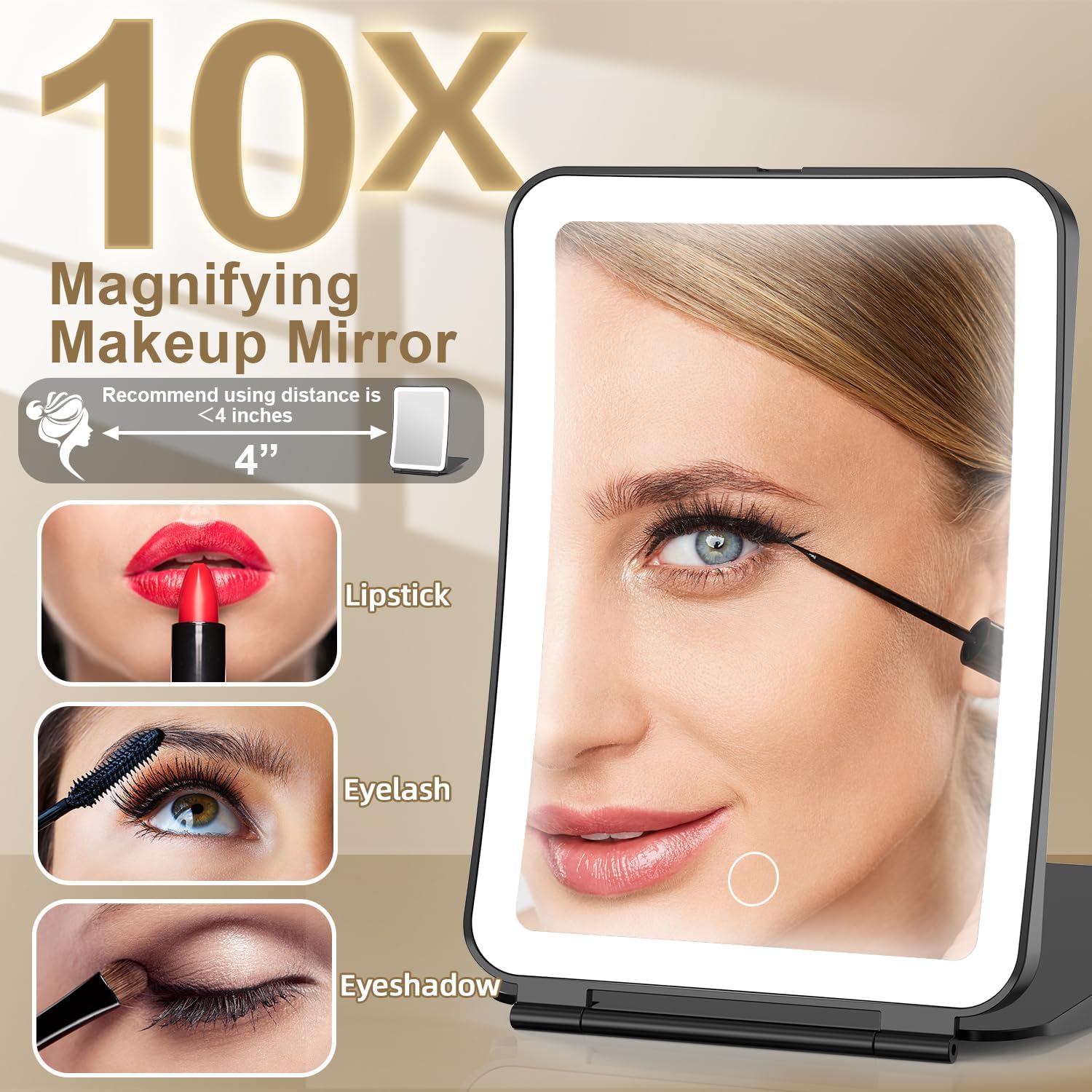 Mocado Travel Makeup Mirror with Light, 1x/10x Magnifying Mirror with Light, 3 Colors Lighted Magnifying Mirror, 2000mAh Rechargeable Lighted Makeup Mirror, Dimmable Touch, Memory Function (Black