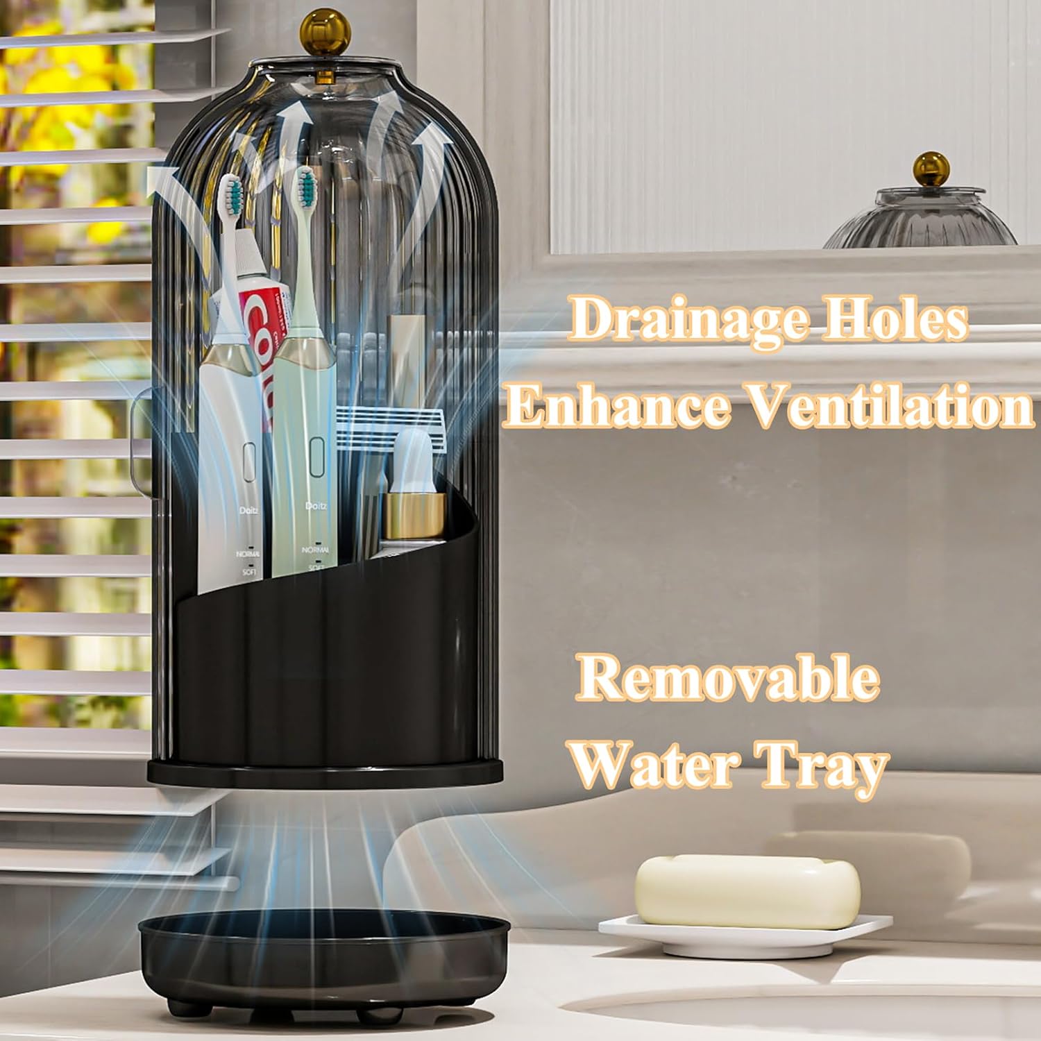 Toothbrush Holders with Cover, Drainage Rotating Electric Toothbrush Organizer, 3 Slots Tooth Brush Holder for Bathroom Counter, Gray Black