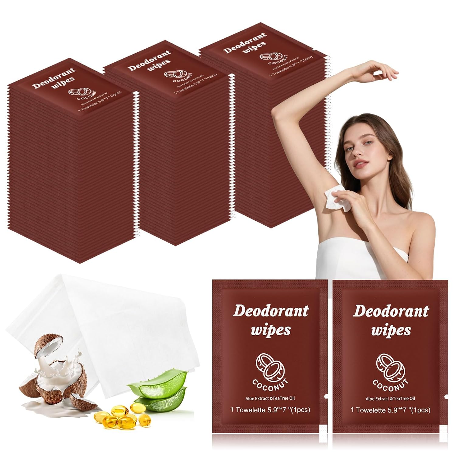 Travel Deodorant Wipes Individually Wrapped,Body Wipes to Clean Skin for Women Men（Coconut,pack of 50)