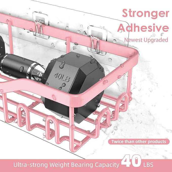 Shower Caddy Adhesive Shower Organizer 7-Pack, Rustproof Stainless Steel Bathroom Shelves, Large Capacity No-Drill Rack Storage Accessories with Soap Dish Toothbrush Holder Hooks (Pink)