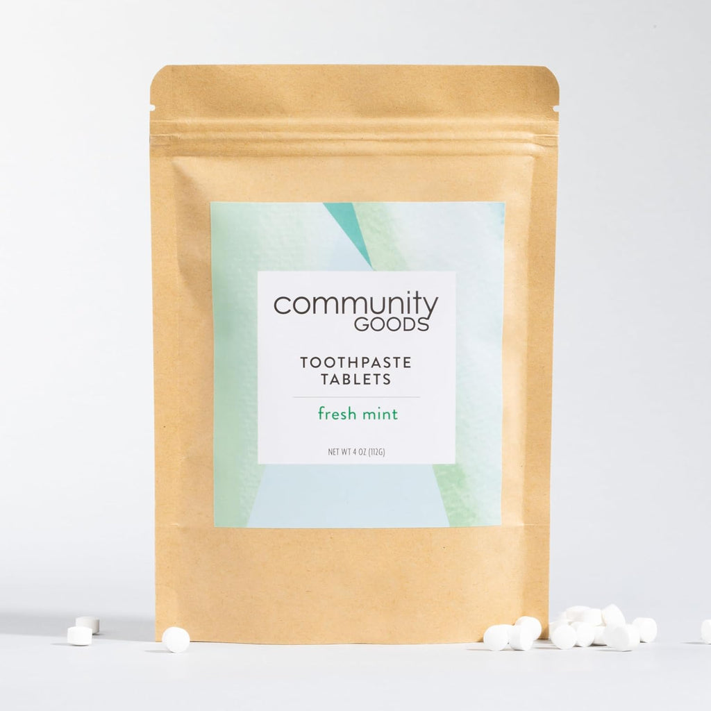 Fresh Mint Toothpaste Tabs (Community Goods Fresh Mint Toothpaste Tablets with Nano Hydroxyapatite | Naturally Whitens, Fluoride-Free, Cruelty-Free, Vegan | Kraft Pouch with 248 tabs, 4 Month Supply)