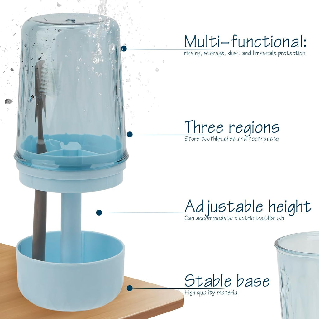 Toothbrush Holder Stand with Cup/Cover, Adjustable Height Toothbrush Organizer with 3 Slots, Portable for Bathroom, Travel, Camping (Blue)