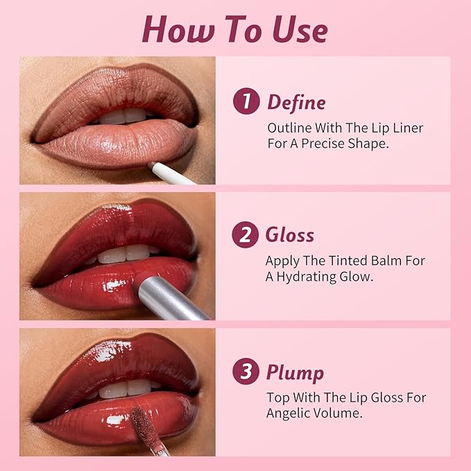 KIMUSE 3PCS Lip Combo Set - Matte Lip Liner Pencil + Hydrating Tinted Lip Balm + Juicy Lip Gloss Tint, Non-Sticky, Long-Lasting, High Pigment Lip Makeup Kit (Berry Mousse Set)