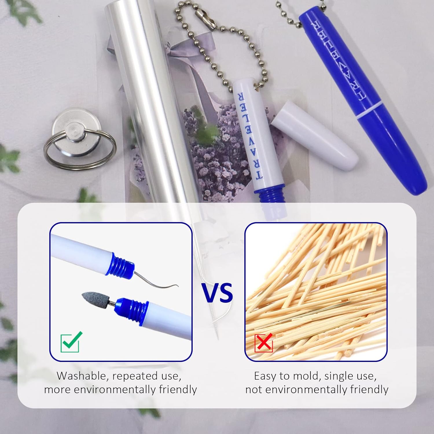 Portable Travel Toothpick Dental Tool, Stainless Steel Toothpick and Emery Stain Eraser, Metal Toothpick, Teeth Cleaning Plaque Remover Stain Remover with Chain (2)