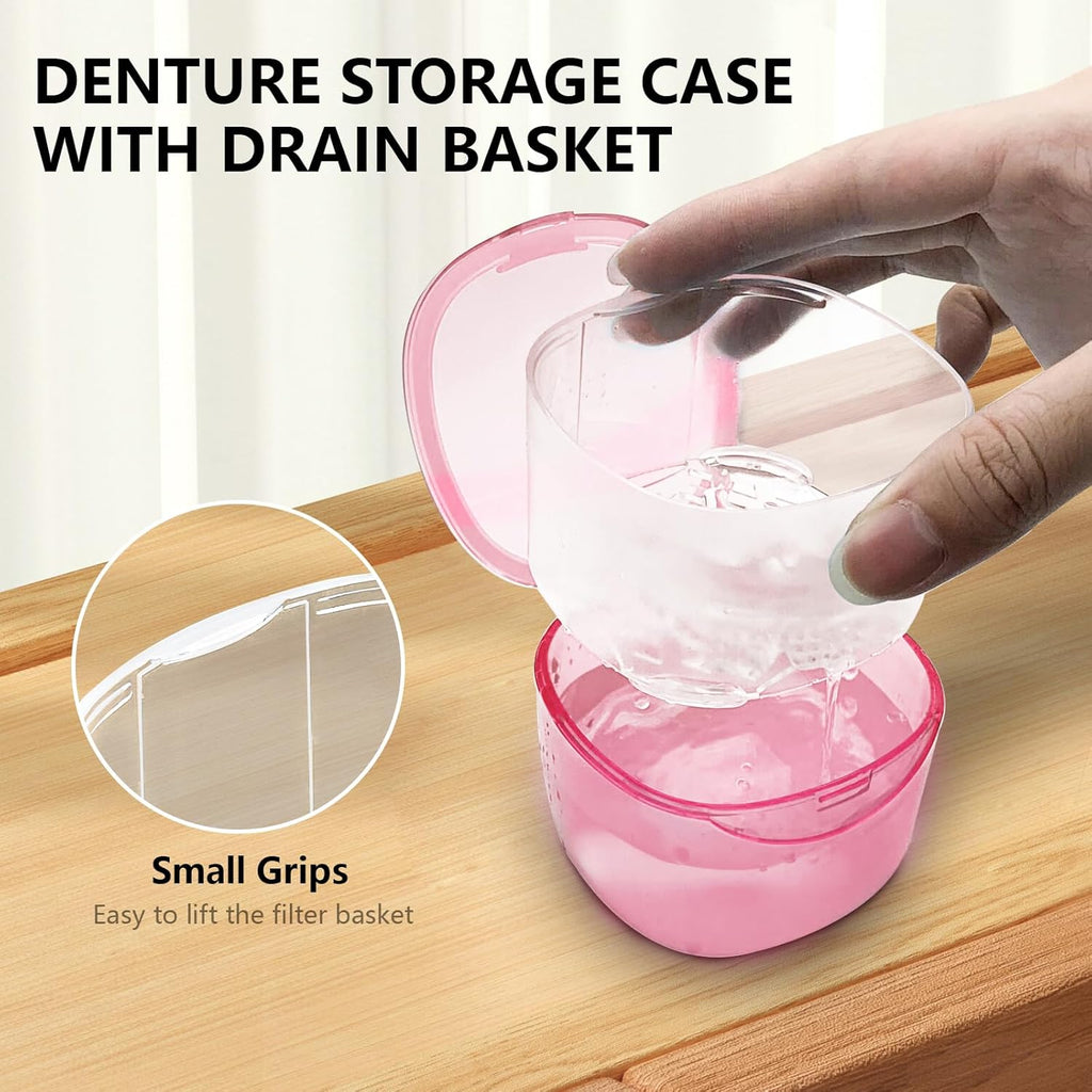 Travel Denture Case Denture Soaking Container with Brush, Denture Cleaning Case Retainer Bath Box Case False Teeth Container - Leak Proof & Lid Waterproof - Transparent Pink