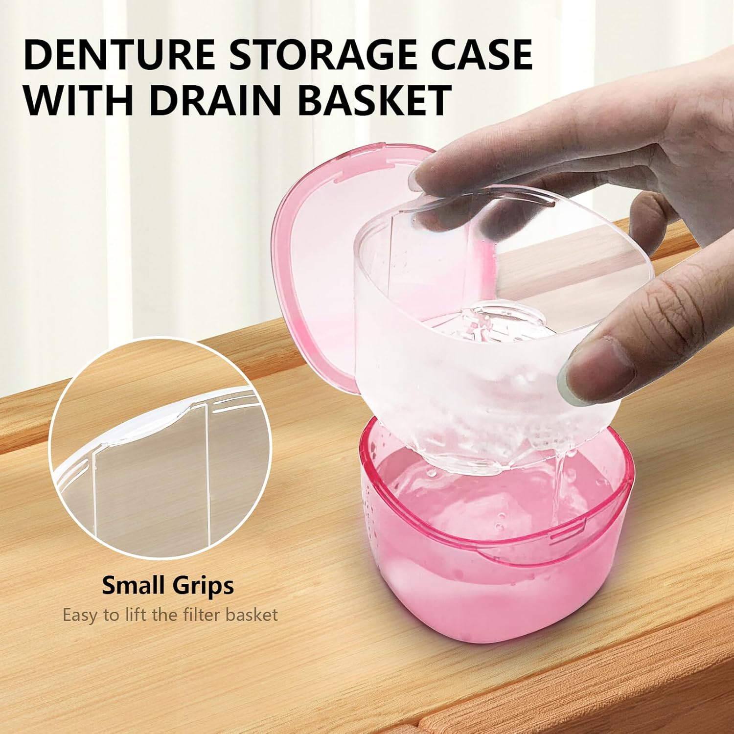 Travel Denture Case Denture Soaking Container with Brush, Denture Cleaning Case Retainer Bath Box Case False Teeth Container - Leak Proof & Lid Waterproof - Transparent Pink