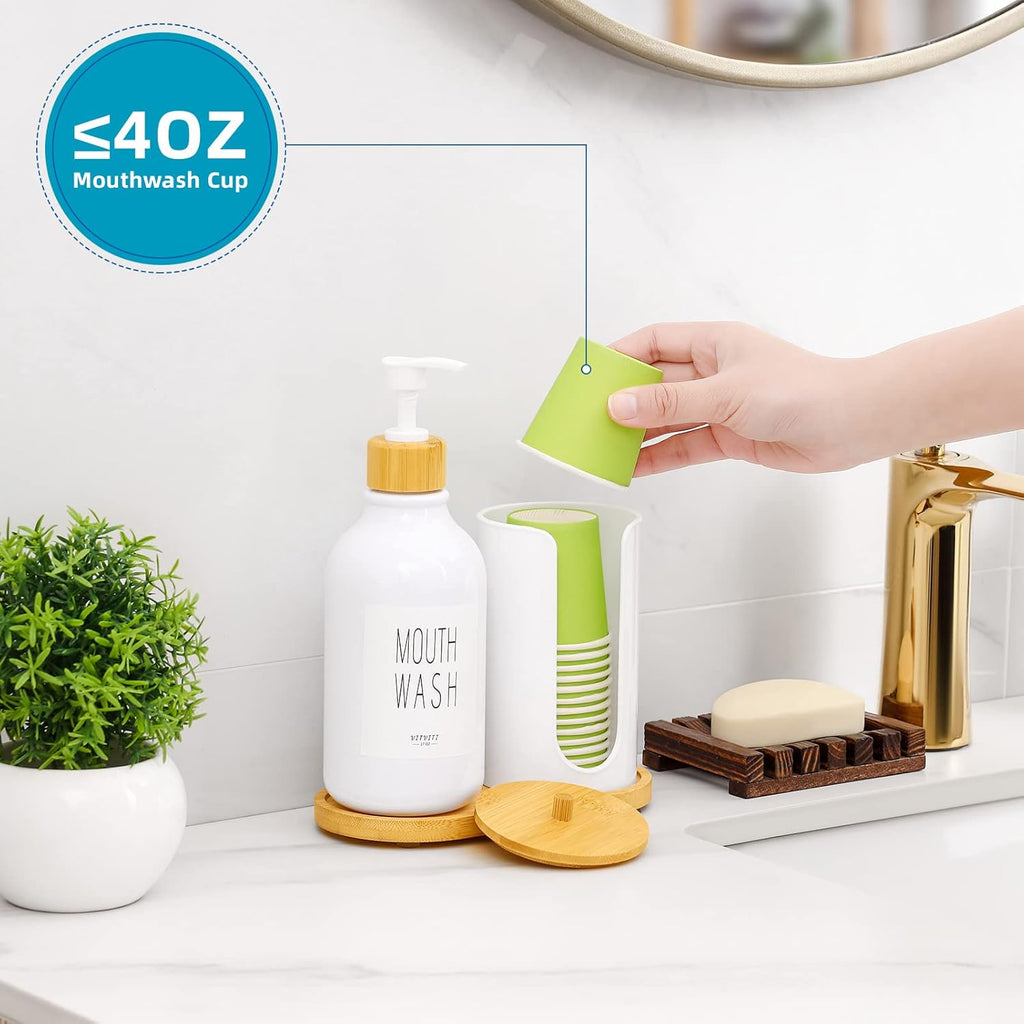 VITVITI Mouthwash Dispenser for Bathroom, Mouth Wash Pump Bottle with Paper Cup Holder, 17Oz Refillable White Mouthwash Container with Bamboo Lid/Tray/Label