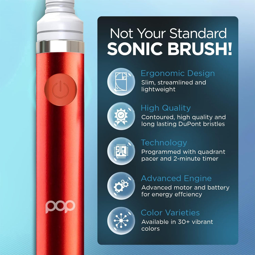 Pop Sonic Electric Toothbrush (Metallic Red) - Travel Toothbrushes w/AAA Battery | Kids Electric Toothbrushes with 2 Speed & 15,000-30,000 Strokes/Minute, Dupont Nylon Bristles