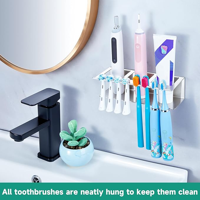 Electric Toothbrush Head Holders, Electric Toothbrush Holders Wall Mounted, Shower Electric Head Holder, Toothbrush and Toothpaste Holder, Adhesive Tooth Brushing Holder for Bathroom (Silver, Large)