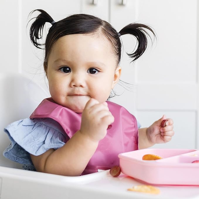 Tiny Twinkle Mess-Proof Baby Bibs for Eating | Waterproof, Wipeable Toddler Bibs with Catch-All Pocket | Feeding Bibs for Girls & Boys(3 Pack,Blush, Burgundy)