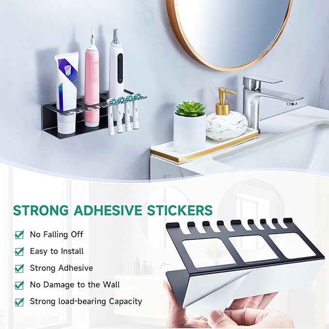 Electric Toothbrush Head Holders, Electric Toothbrush Holders Wall Mounted, Shower Electric Head Holder, Toothbrush and Toothpaste Holder, Adhesive Tooth Brushing Holder for Bathroom (Black, Large)