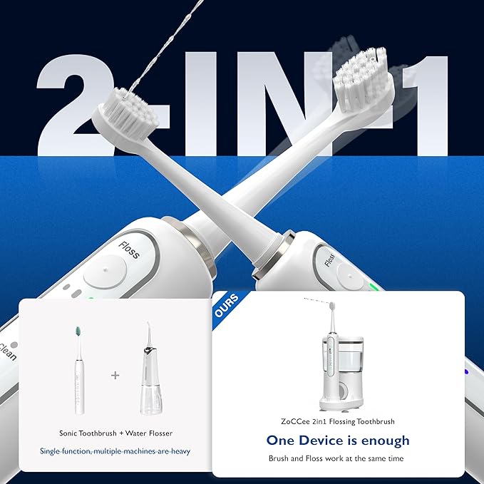 Electric Toothbrush with Water Flosser - Wireless Charging 3 in 1 Flossing Toothbrush - 500ML Professional Cordless Brush and Flosser in One - 5 Brush Modes & 3 Floss Speed (White)