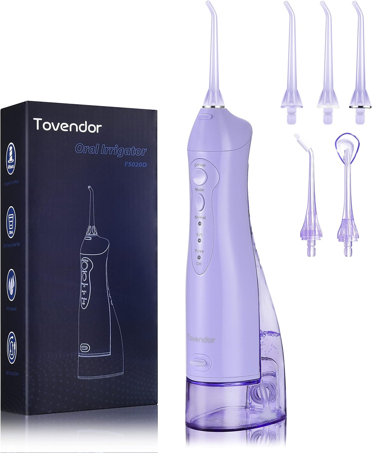 TOVENDOR Electric Water Flosser, Cordless Rechargeable Dental Oral Irrigator IPX7 Waterproof 300ML Travel Water Teeth Cleaner with 5 Tips for Braces Care Teeth Gums Cleaning, Home Office Daily Use