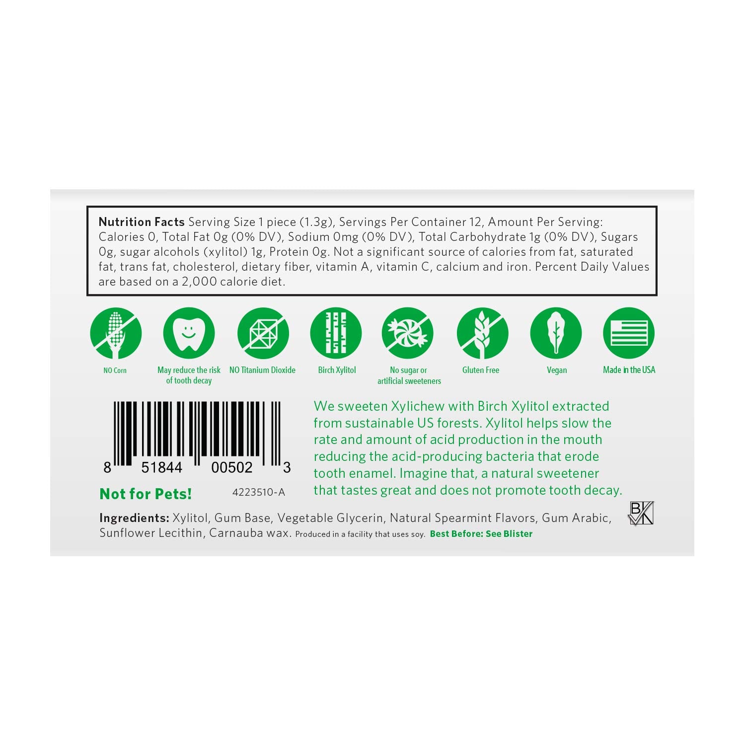 Xylichew 100% Xylitol Chewing Gum - Non GMO, Non Aspartame, Gluten Free, and Sugar Free Gum - Natural Oral Care, Relieves Bad Breath and Dry Mouth - Spearmint, 288 Count