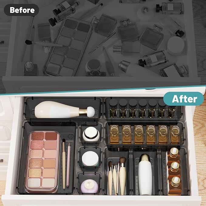 WOWBOX 40 PCS Clear Plastic Drawer Organizer Set, 4 Sizes Desk Drawer Organization and Storage Containers for Makeup, Cosmetics, Jewelry and Gadgets in Kitchen, Bathroom, Bedroom, Office, Clear Black