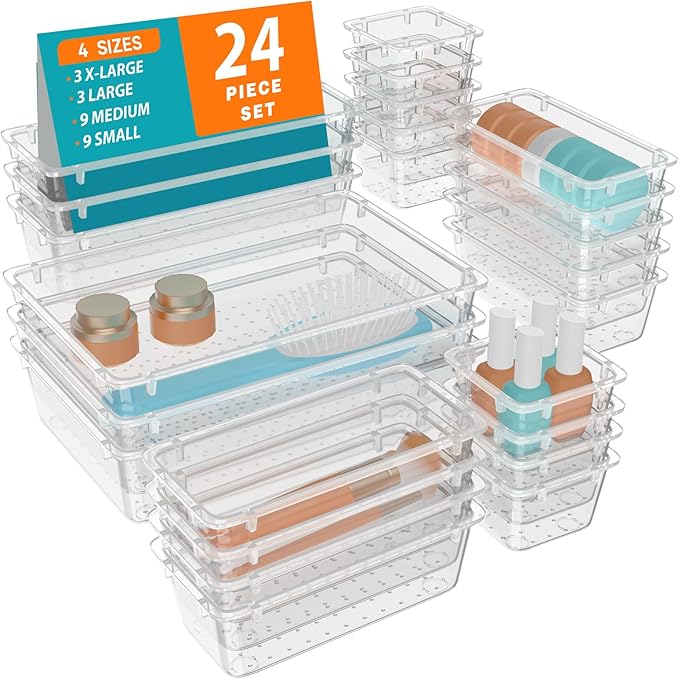 WOWBOX 24 PCS Clear Plastic Drawer Organizer Set, 4 Sizes Desk Drawer Organization and Storage Containers for Makeup, Cosmetics, Jewelry and Gadgets in Kitchen, Bathroom, Bedroom, Office, Clear