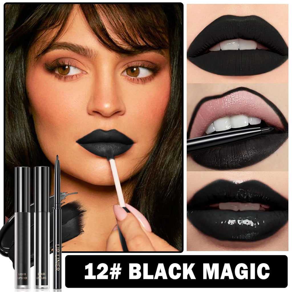 3 in 1 Black Lip Liner Pencil and Lipstick lipgloss Set Matte Black Lipstick Lip Gloss Kit Long-lasting Nonstick Cup Smudge Proof Lip Kits with Lip Liner,Velvet Goth Makeup (12#Black Magic)