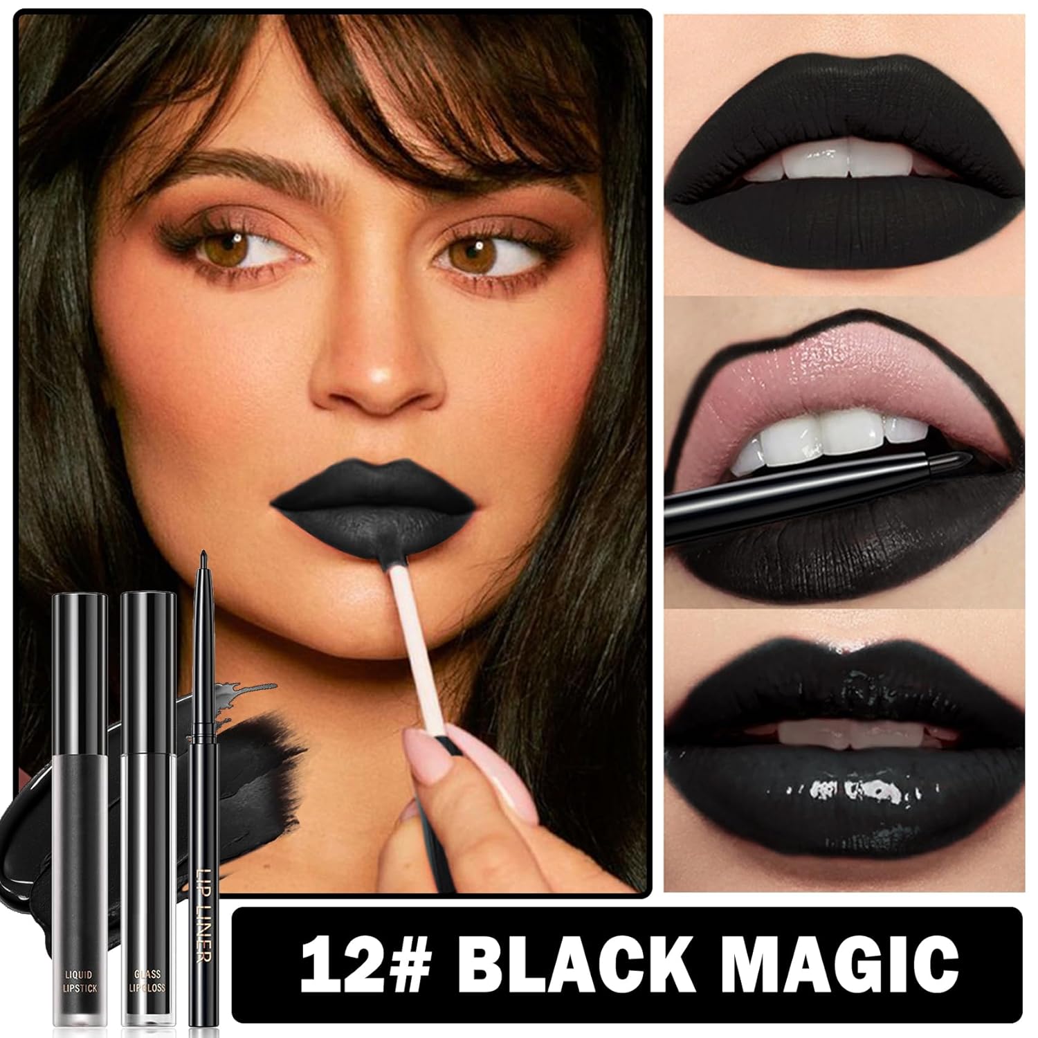 3 in 1 Black Lip Liner Pencil and Lipstick lipgloss Set Matte Black Lipstick Lip Gloss Kit Long-lasting Nonstick Cup Smudge Proof Lip Kits with Lip Liner,Velvet Goth Makeup (12#Black Magic)