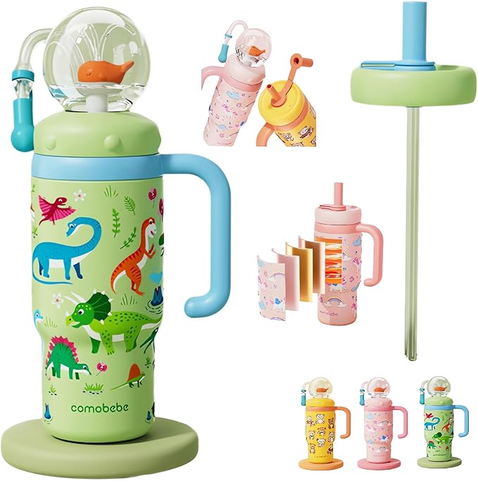 Stainless Steel Whale Fountain Tumbler with Handle 2025 Drinking Cup with Whale Squirt Insulated Travel Tumblers Kids Weighted Sippy Cup No Spill Cute Water Bottle with Lids and Straws Leak Proof (A2)