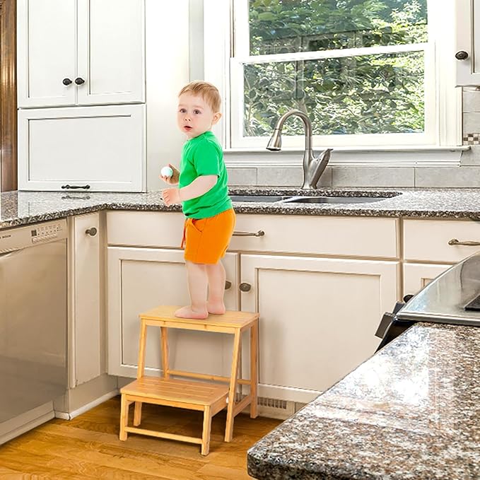 Bamboo Folding Climbing Step Stool, 2 Step Ladder Multi-Functional Stair Chair with Sturdy Structure, Non-Slip Step Pads, Wide Stepping Surface for Safety, Simple Folding Stool for Bathroom, Kitchen