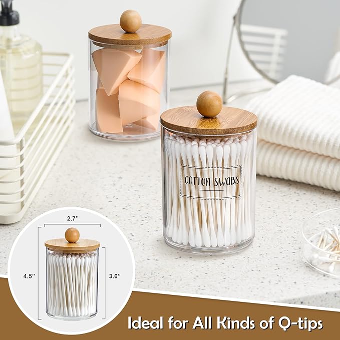 3 Pack Qtip Holder Dispenser with Bamboo Lids - 10 oz Clear Plastic Apothecary Jar Containers for Vanity Makeup Organizer Storage - Bathroom Accessories Set for Cotton Swab, Ball, Pads, Floss
