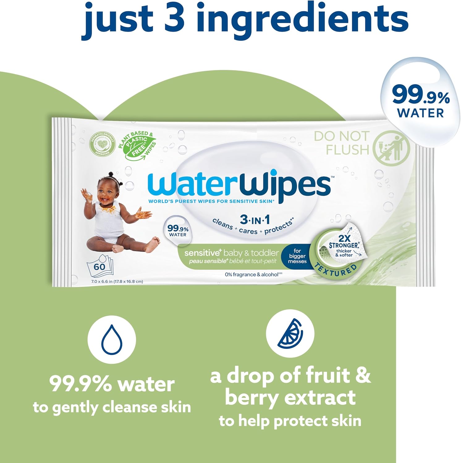 WaterWipes Sensitive+ Baby & Toddler Wipes, 3-In-1 Cleans, Cares, Protects, 99.9% Water, Textured Clean, Unscented & Hypoallergenic, 720 Count (12 Packs)