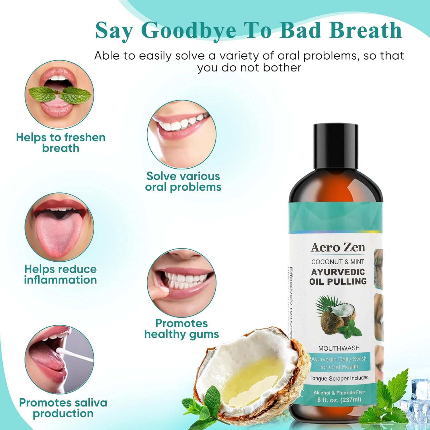 Coconut Oil Pulling Mouthwash with Peppermint - Alcohol-Free Oral Care - Fresh Breath Solution - Organic Essential Oils Formula with Tongue Scraper - Gum Health Treatment - 237ML