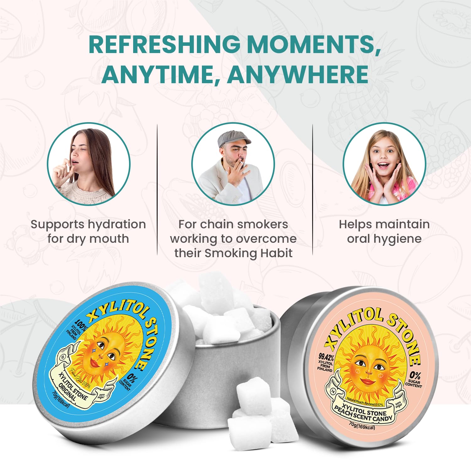 Xylitol Stone Sugar Free Candy - Vegan & Keto Friendly Unique Hard Candy - 100% Natural Flavor Candies - Gluten Free & Non-GMO Breath Freshener Low Calorie Mints - Pack of 2 (Original, Peach)