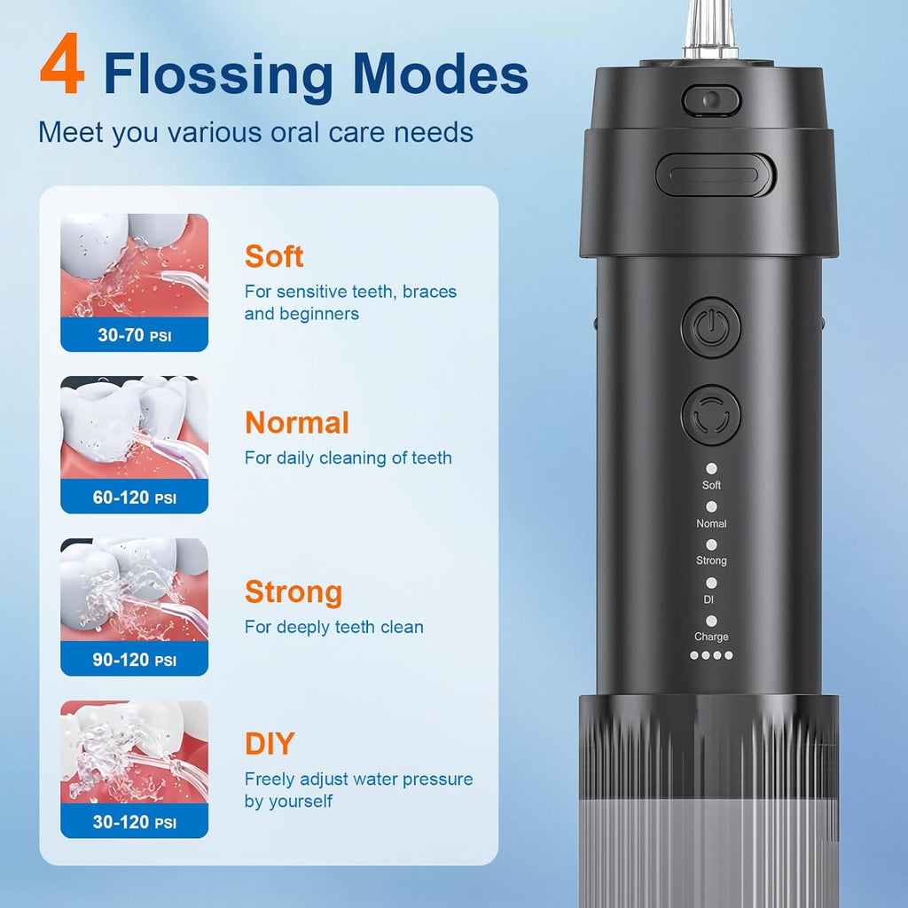 Portable Water Flosser for Teeth with Exquisite Travel Case, Cordless Rechargeable Mini Oral Irrigator with Removable Tank, IPX7 Waterproof, 4 Modes & 4 Jet Tips for Tooth Cleaning (Black)