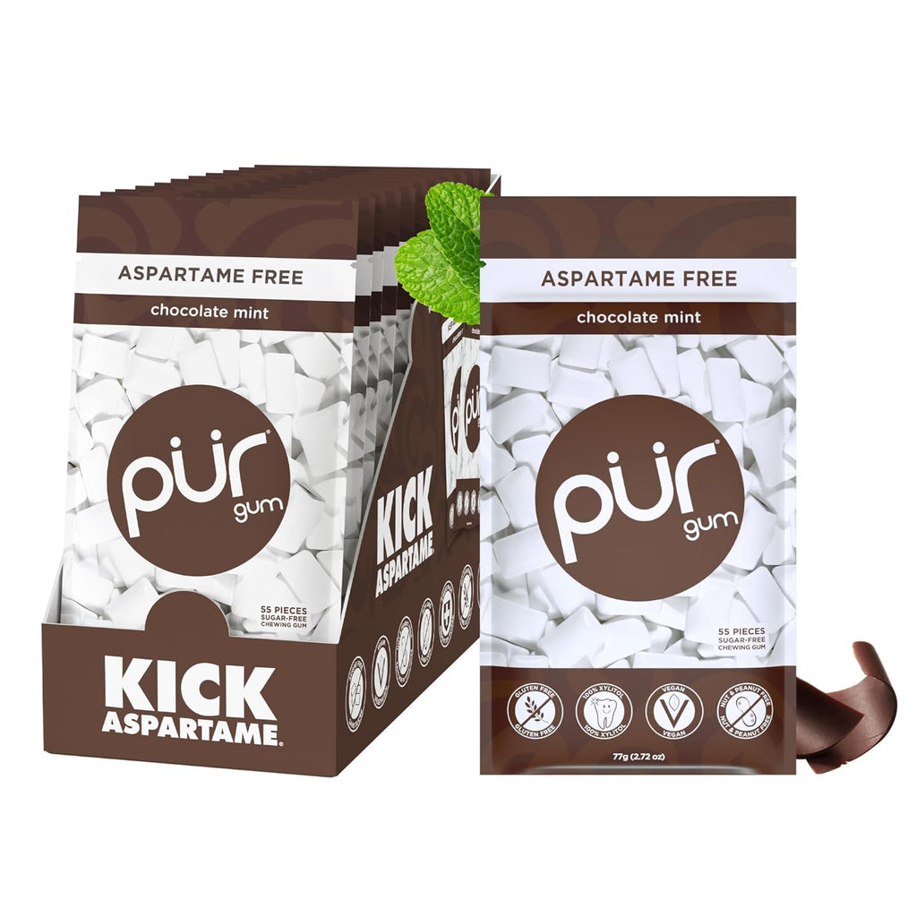 PUR Gum | Aspartame Free Chewing Gum | 100% Xylitol | Natural Chocolate Mint Flavored Gum, 55 Pieces (Pack of 12)
