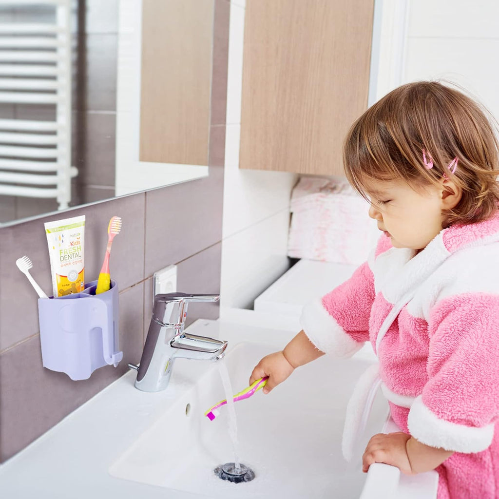 RyanLemon Elephant Toothbrush Holder for Kids, Suction Cup Electric Toothbrush and Toothpaste Holder for Toddler, Cute Toddler Toothbrush Holder with 3 Slots and a Hook for Hanging Bath Ball, Purple