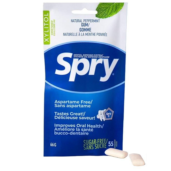 Spry On The Go Fresh Natural Xylitol Chewing Gum Dental Defense System - Aspartame-Free, Sugar-Free, Non-GMO (Peppermint, 55 Count - Pack of 3)