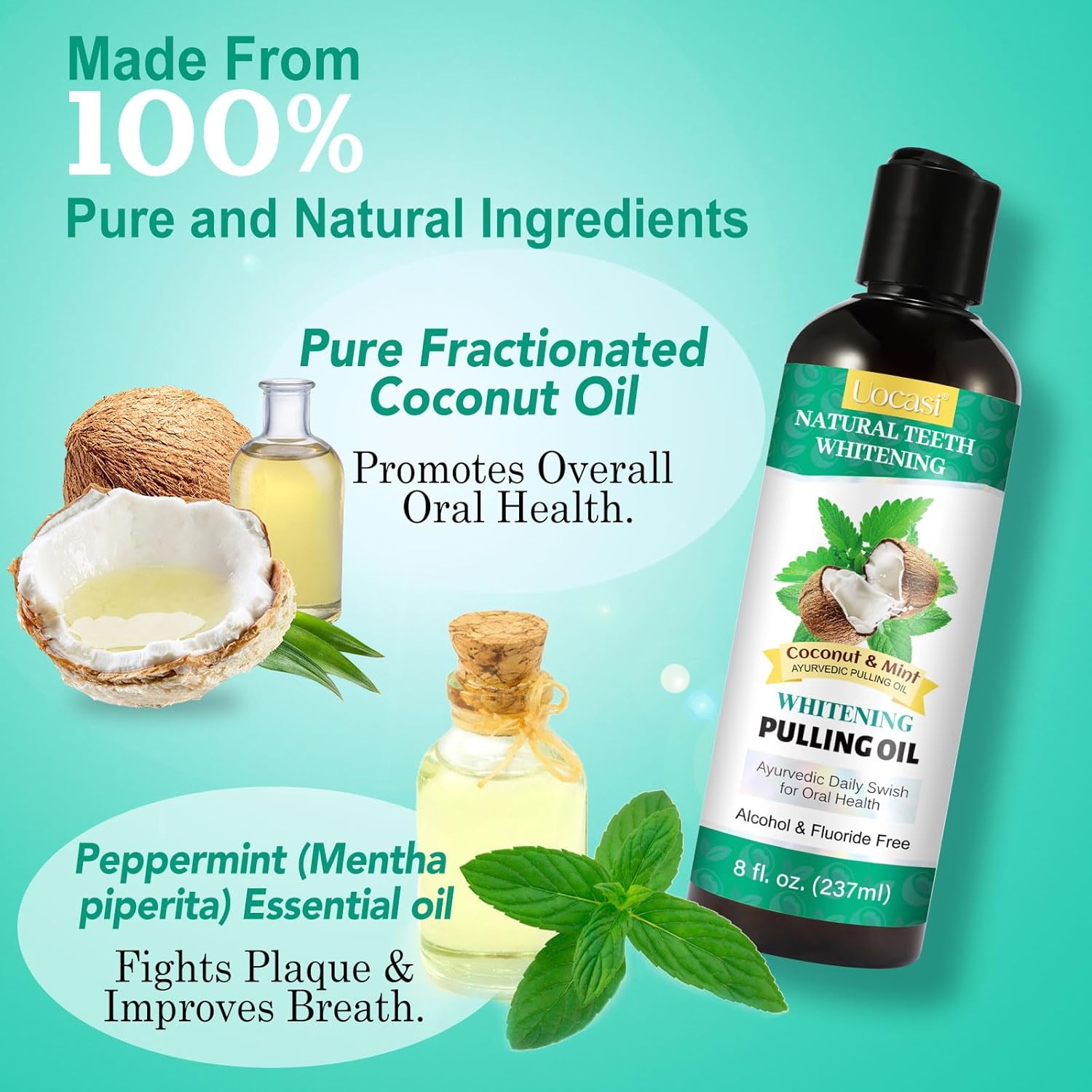 Coconut Oil Pulling for Teeth - 2 Pack, Coconut Oil Mouthwash, Natural Oral Care, Fights Bad Breath, Mouthwash Alcohol Free, Dye Free, PH Balanced, Mint Flavor, 16 Oz