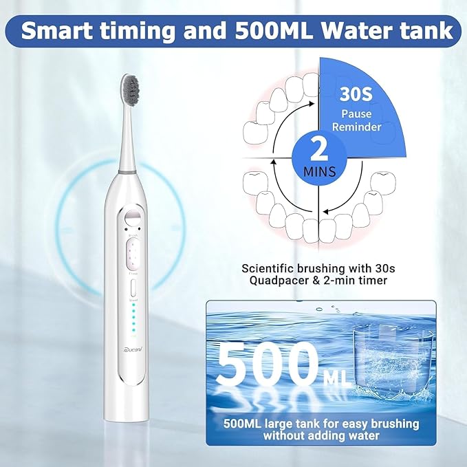 Electric Toothbrush with Water Flossers for Adults, Upgrade Flossing Toothbrush Combo, 5 Floss Speeds&3 Brush Modes, 500mL Tank, 30-Day Battery, for Adults & Teens, Gums, Braces, Dental Care, White